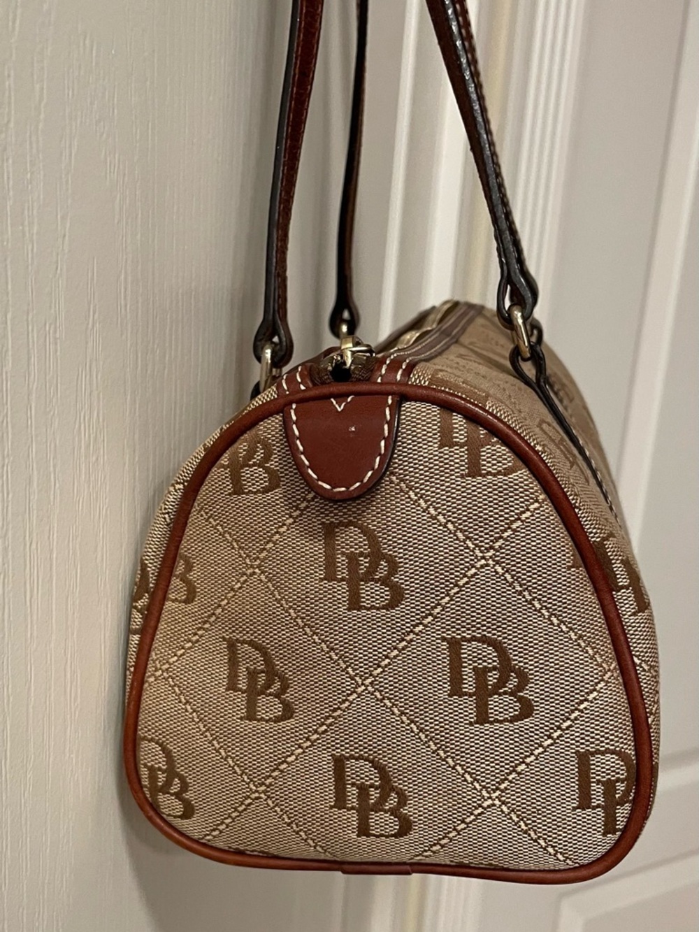 Dooney & Bourke Beige and Brown Monogram Barrel Shoulder Bag - Picture 3 of 11